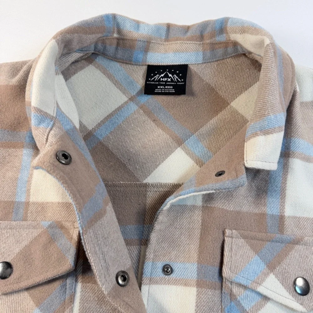 HFX Shacket Jacket Mens XXL Beige Blue Plaid Snap Front Wool Blend Overshirt